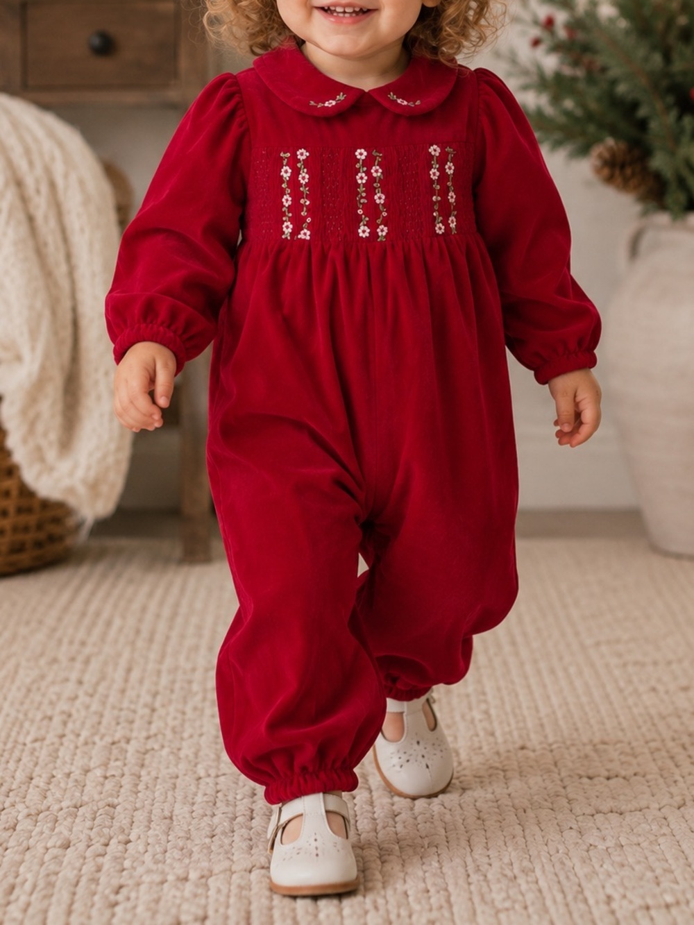ALISON SCOTT Vintage Velveteen Girl’s One Piece Romper Embroidered Flowers 3T
